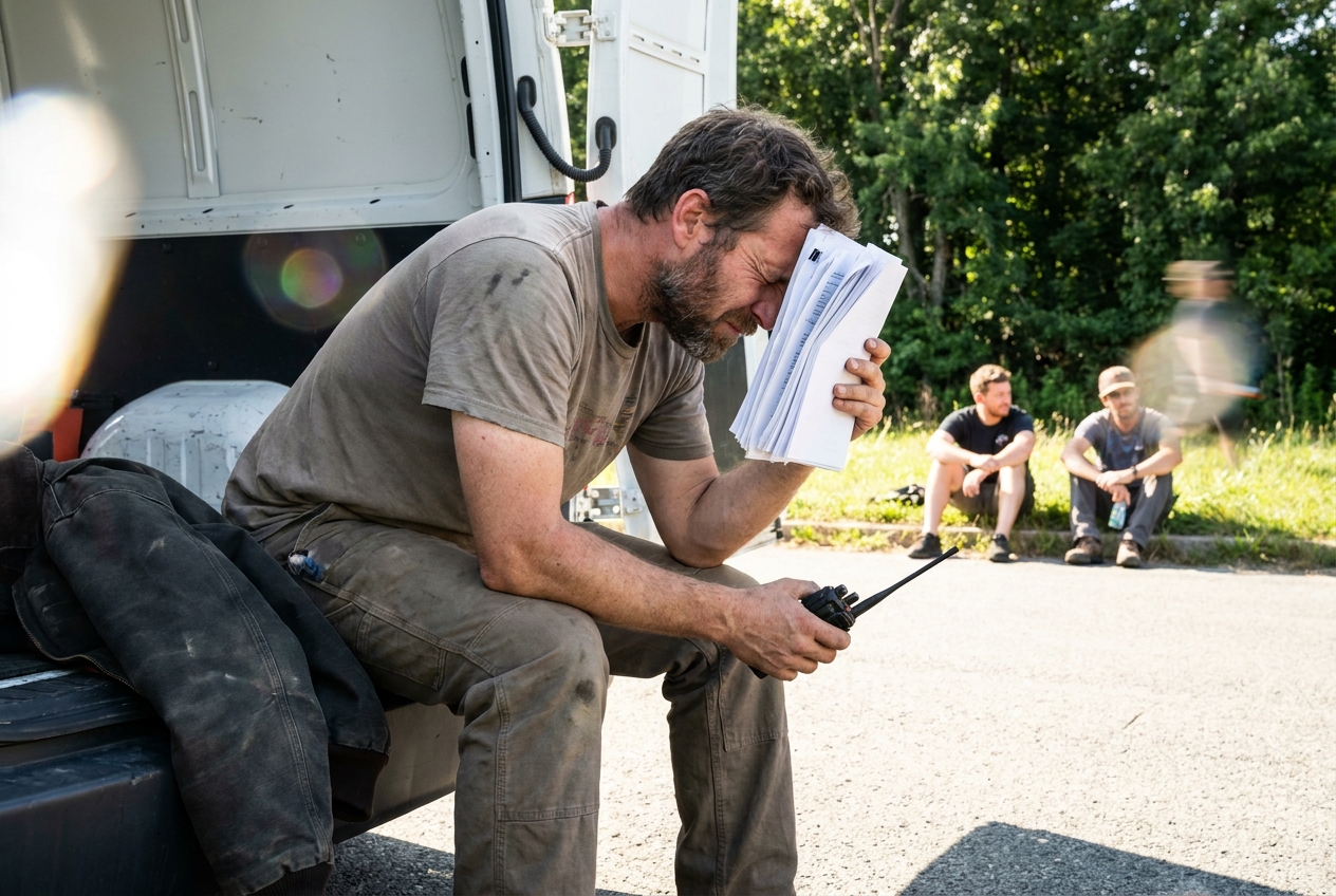 A tired film crew worker sits slumped on a van bumper in harsh sunlight, resting his forehead against a stack of papers.