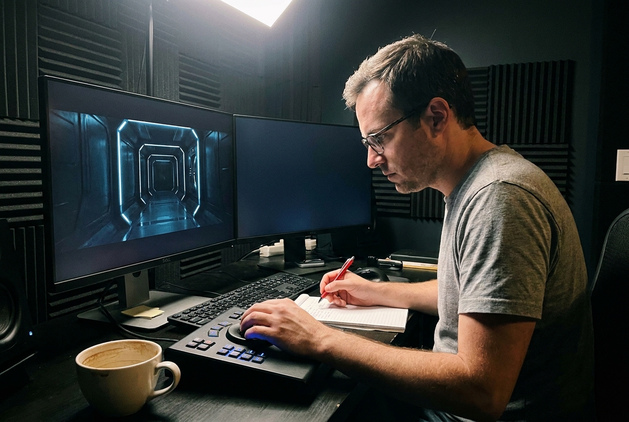 A colorist in a dark editing bay uses a trackball control panel and holds a red pen while critically examining a film on his monitor.