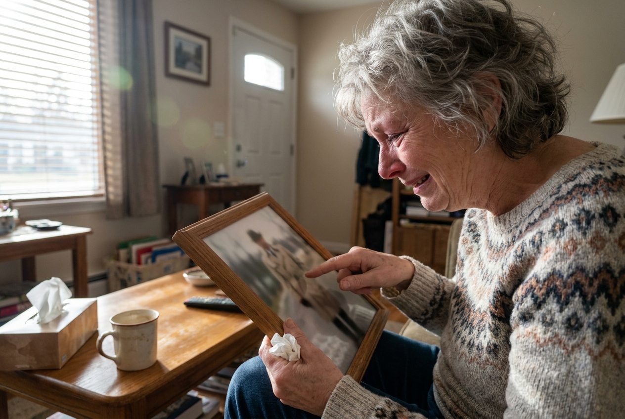 An older woman sits on a floral sofa, tearfully smiling as she touches a framed photo of a heavily blurred man in a trenchcoat walking behind a park bench.