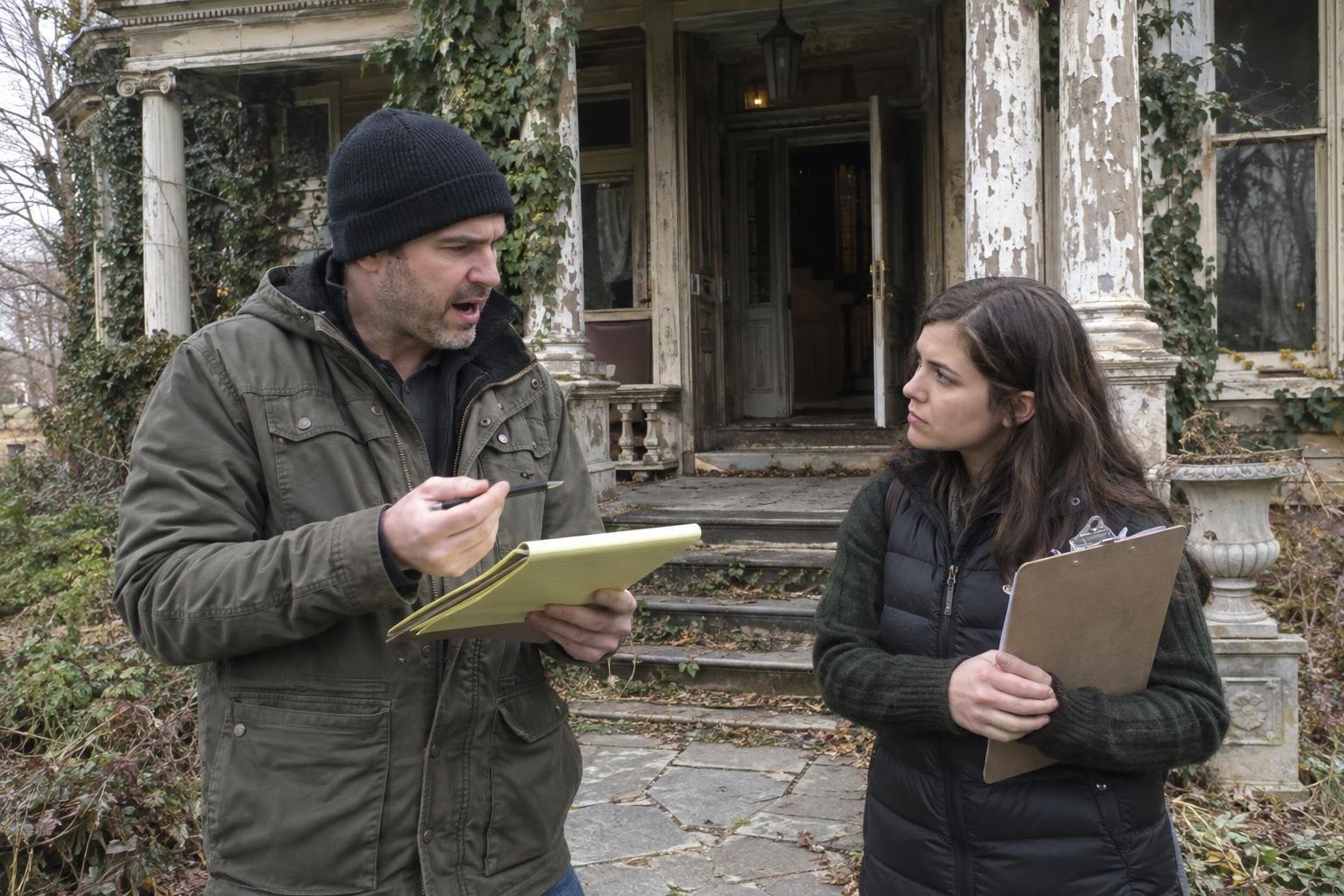 A man holding a yellow legal pad speaks to a woman with a clipboard outside an old Victorian house.