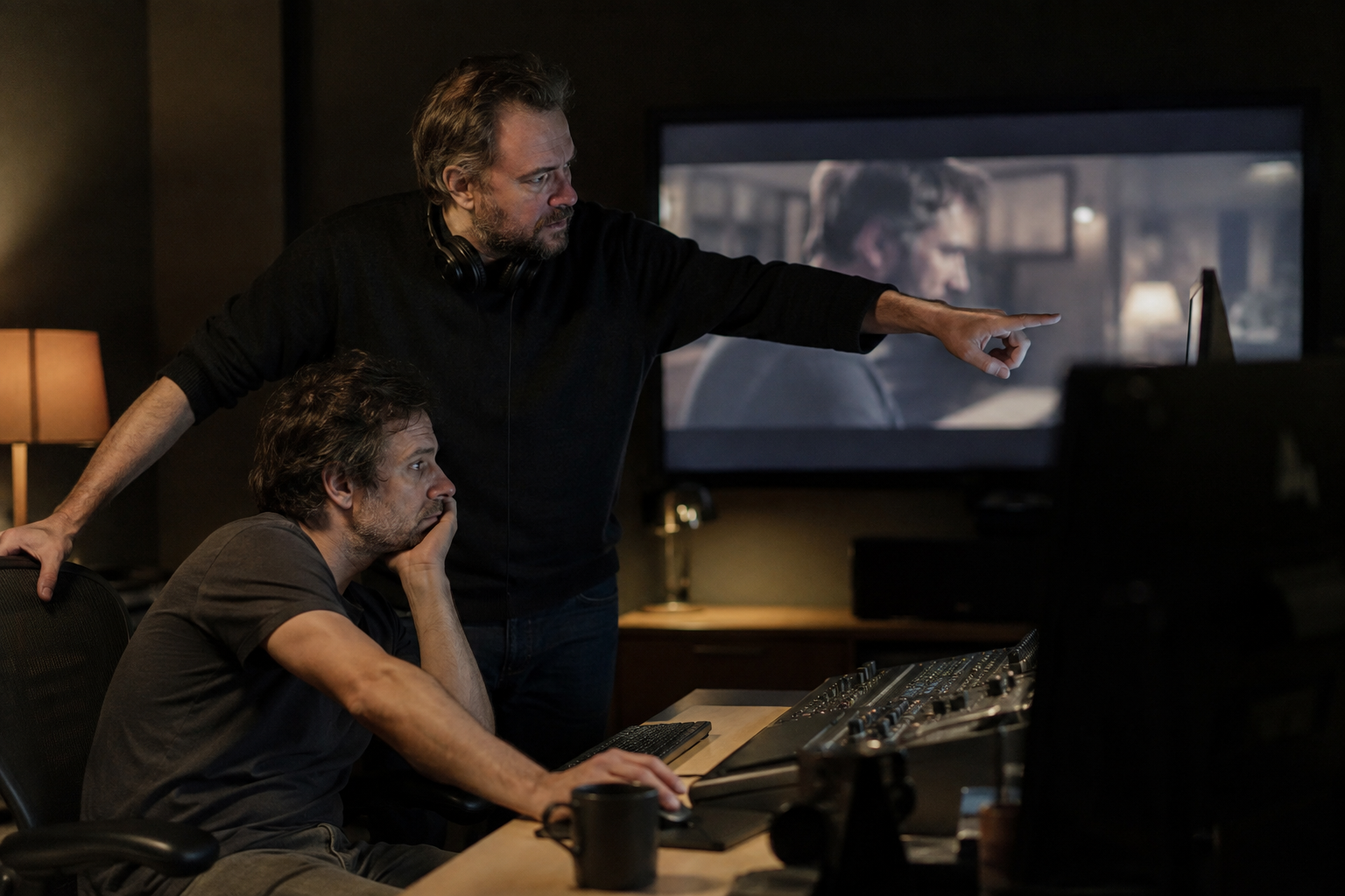 A fictional director giving notes to a tired editor in a dark editing suite.