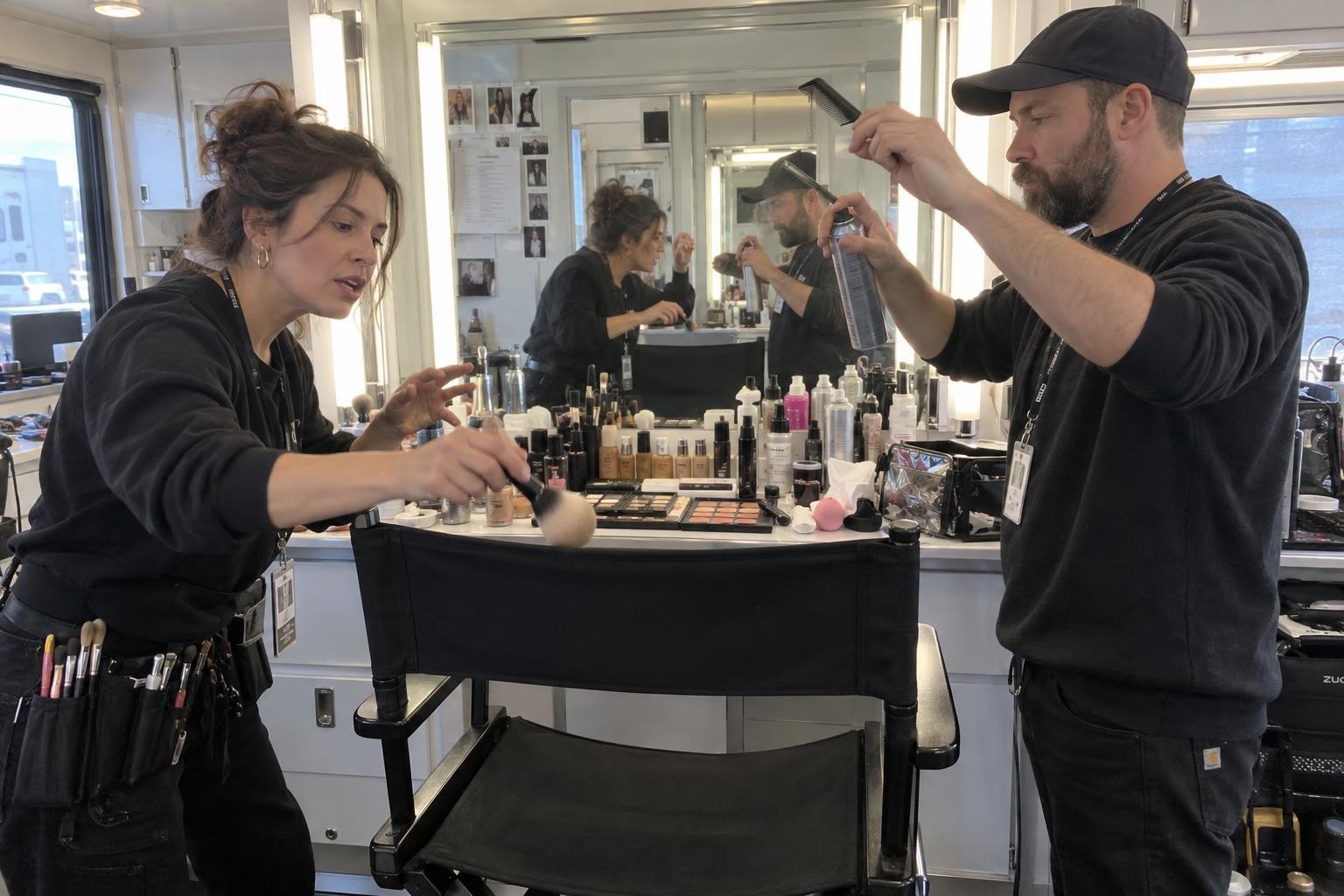 Two makeup artists focus intently while holding a powder brush and comb in the empty air above a vacant makeup chair.