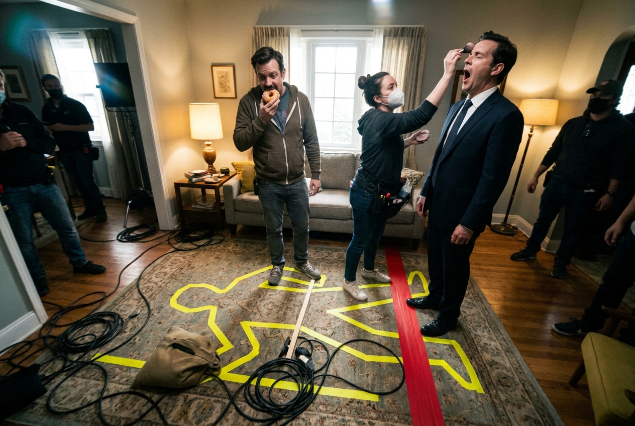 A crew member eats a doughnut while standing on a yellow tape body outline on a film set floor as an actor gets makeup applied nearby.