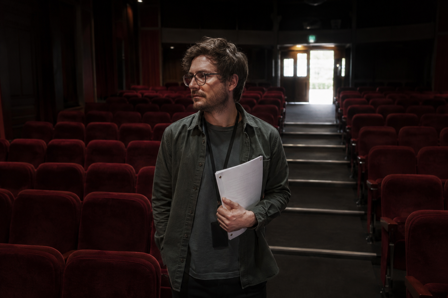 A fictional filmmaker standing in a nearly empty independent cinema with red velvet seats.
