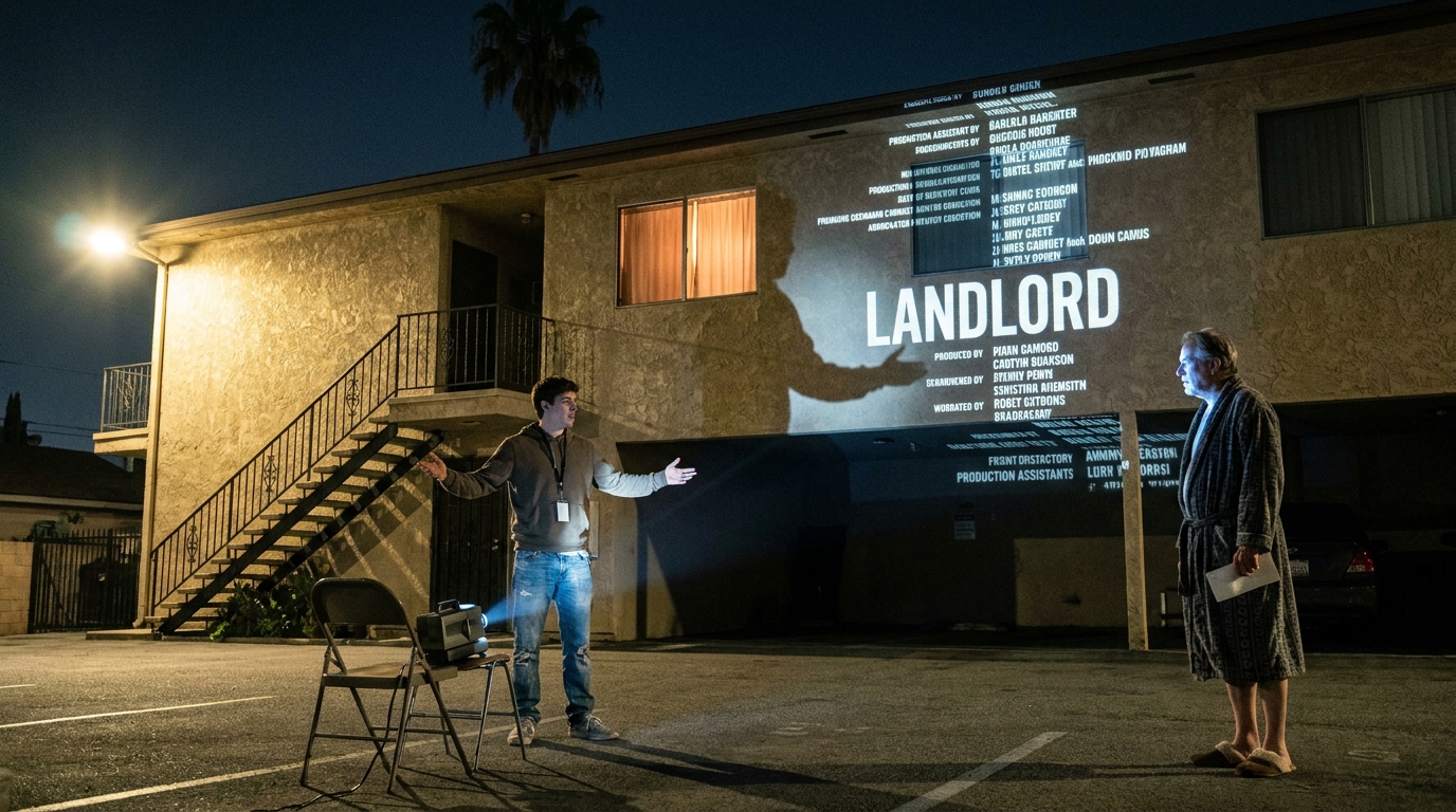 A young production assistant earnestly pitches end-credit mockups on a foam board to an unimpressed landlord holding an eviction notice.
