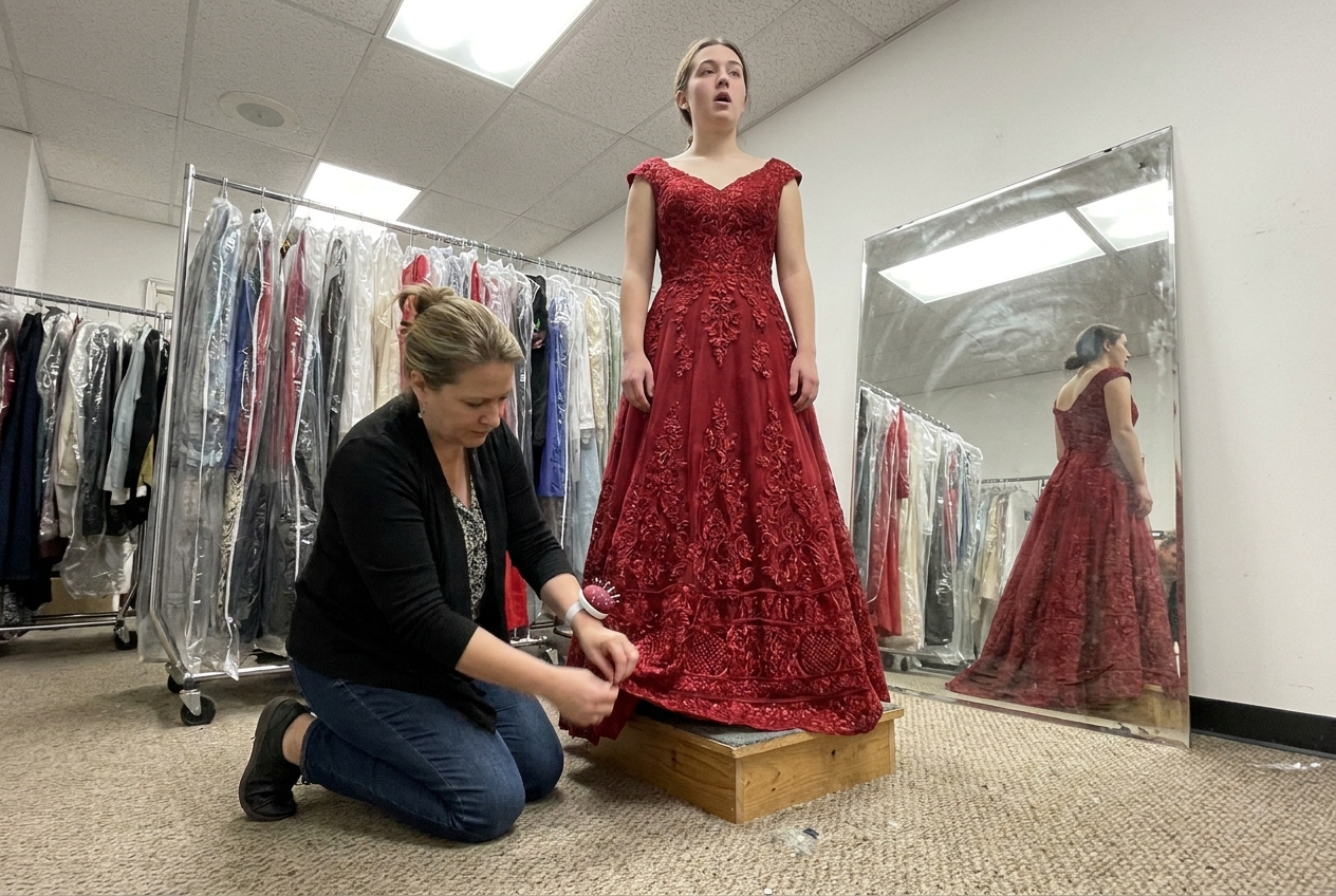 A costume designer kneels to pin the hem of a red beaded gown worn by a woman staring blankly ahead in a fitting room.