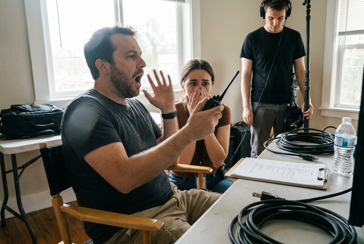 A film director and script supervisor sit on a film set, staring at a walkie-talkie with expressions of horror and second-hand embarrassment.