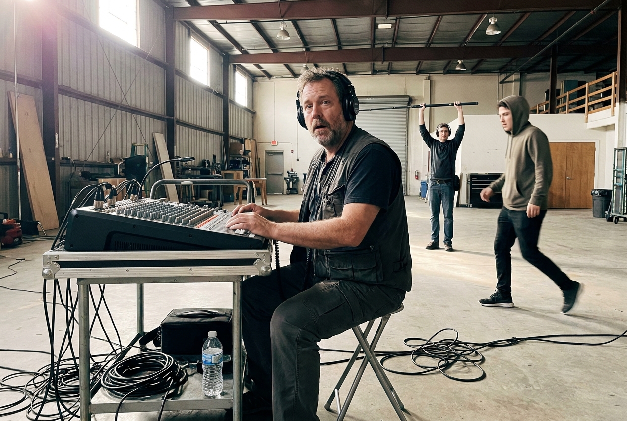 A production sound mixer wearing headphones sits at an audio cart on a film set with a distressed expression.