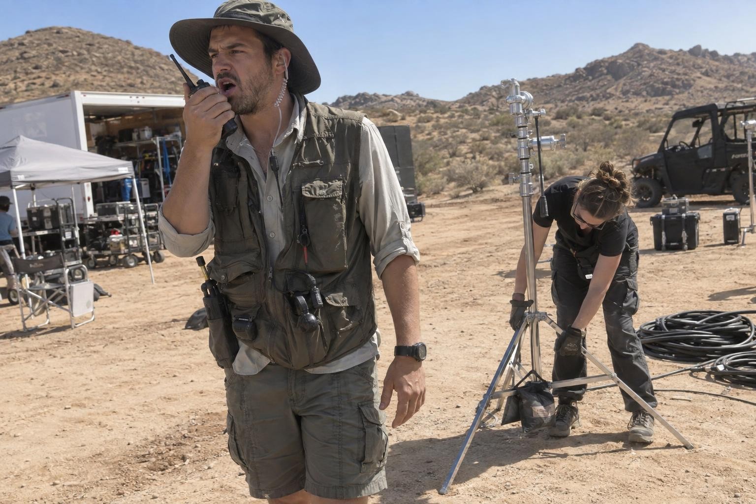 A male film crew member speaks into a walkie-talkie on a desert set while a female crew member adjusts a metal stand in the background.