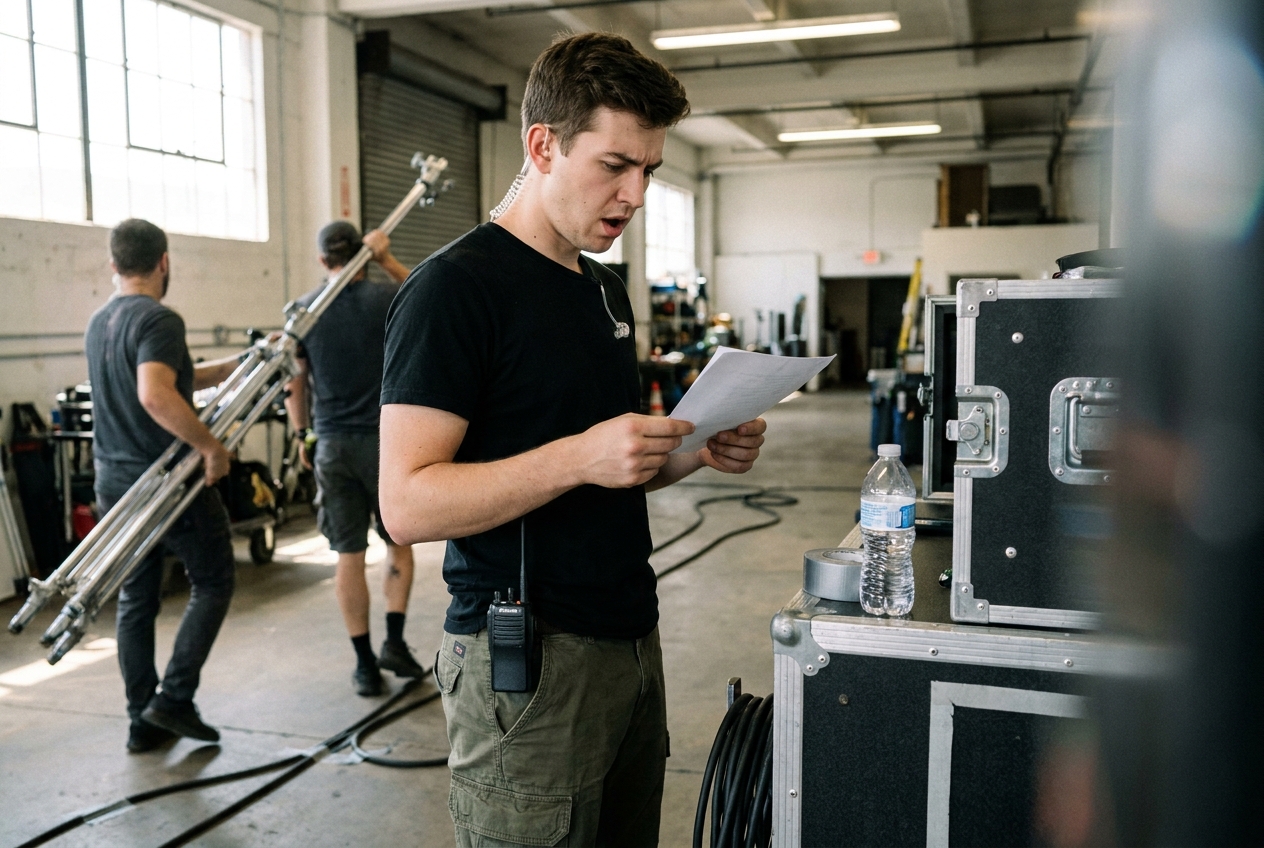A young production assistant wearing an earpiece reads a printed call sheet on a busy film set.