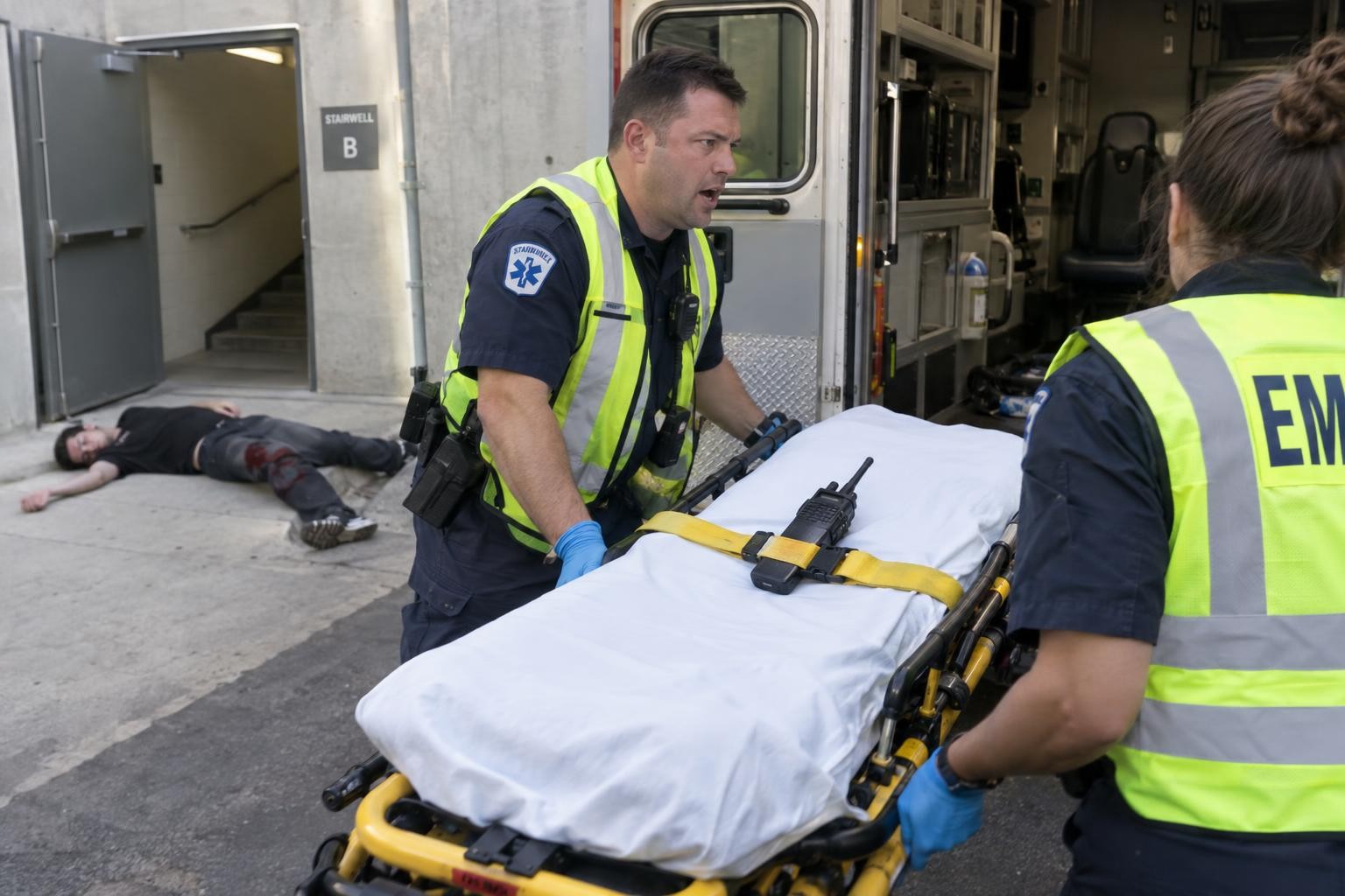 Two paramedics load a walkie-talkie onto an ambulance stretcher while a bleeding, unconscious man lies ignored on the ground.