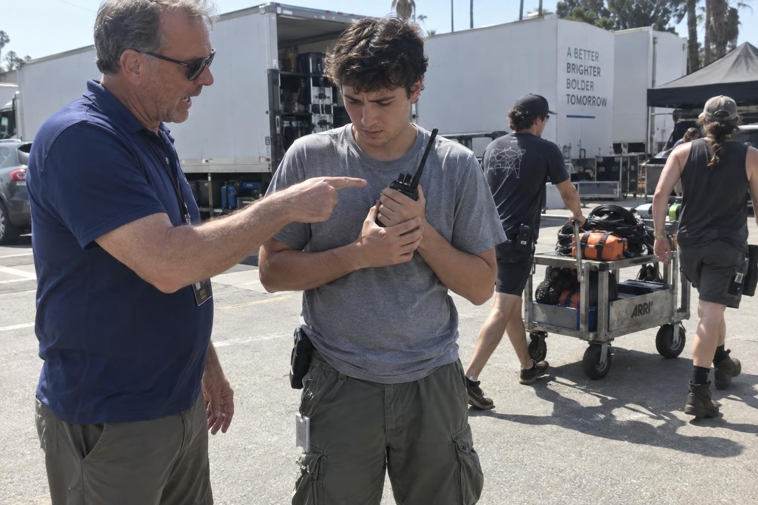 A young production assistant on a film set clutches a walkie-talkie to his chest as an older crew member points at it.