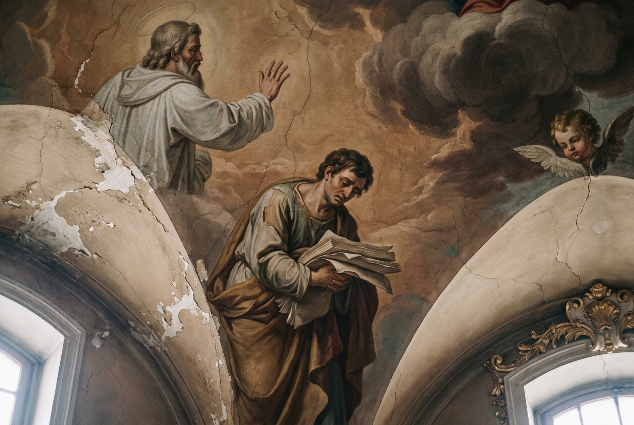 A cathedral ceiling fresco showing a dejected young man holding a manuscript walking away from a waving bearded figure.