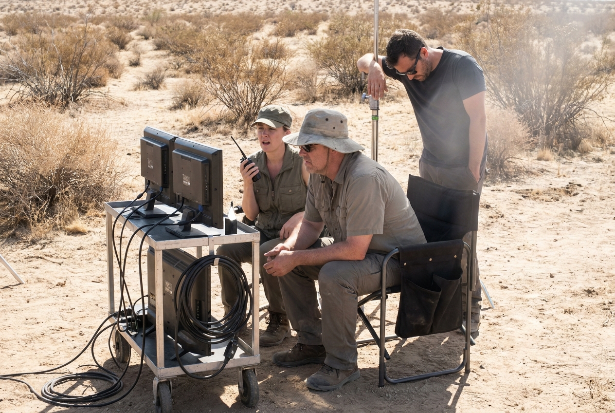 A film director sits in a desert looking at dual monitors on a video village cart while two crew members stand nearby waiting.