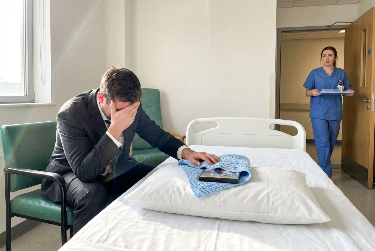A crying man in a suit sits next to a hospital bed holding a DVD wrapped in a baby blanket, while a confused nurse watches.