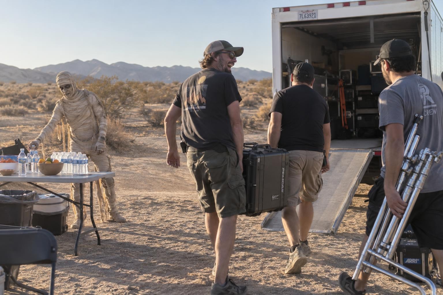 A film crew carries equipment cases to a truck in the desert while an actor in mummy bandages gets water from a folding table in the background.