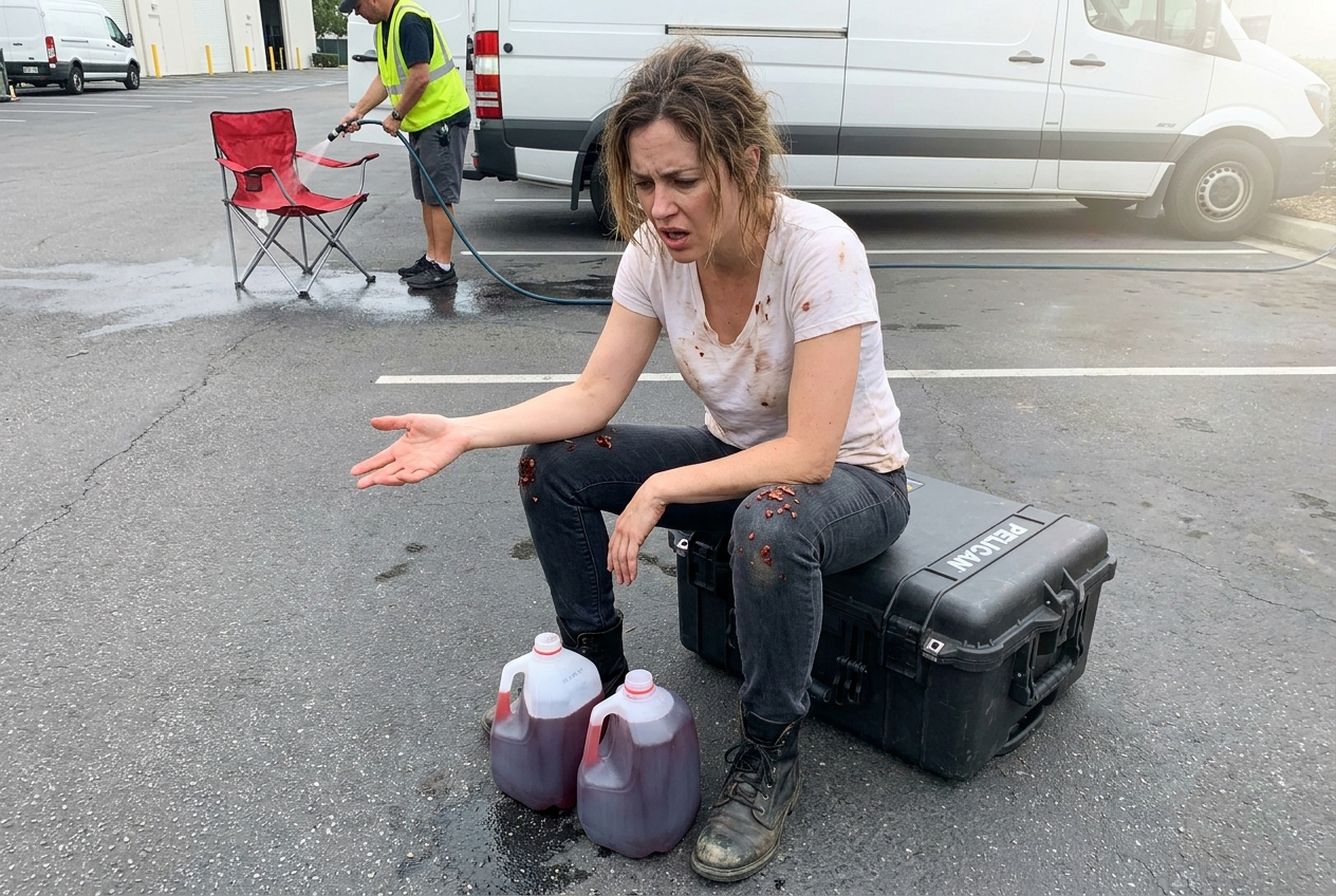 A tired makeup artist sits on an equipment case and gestures defensively at two identical jugs of red liquid.