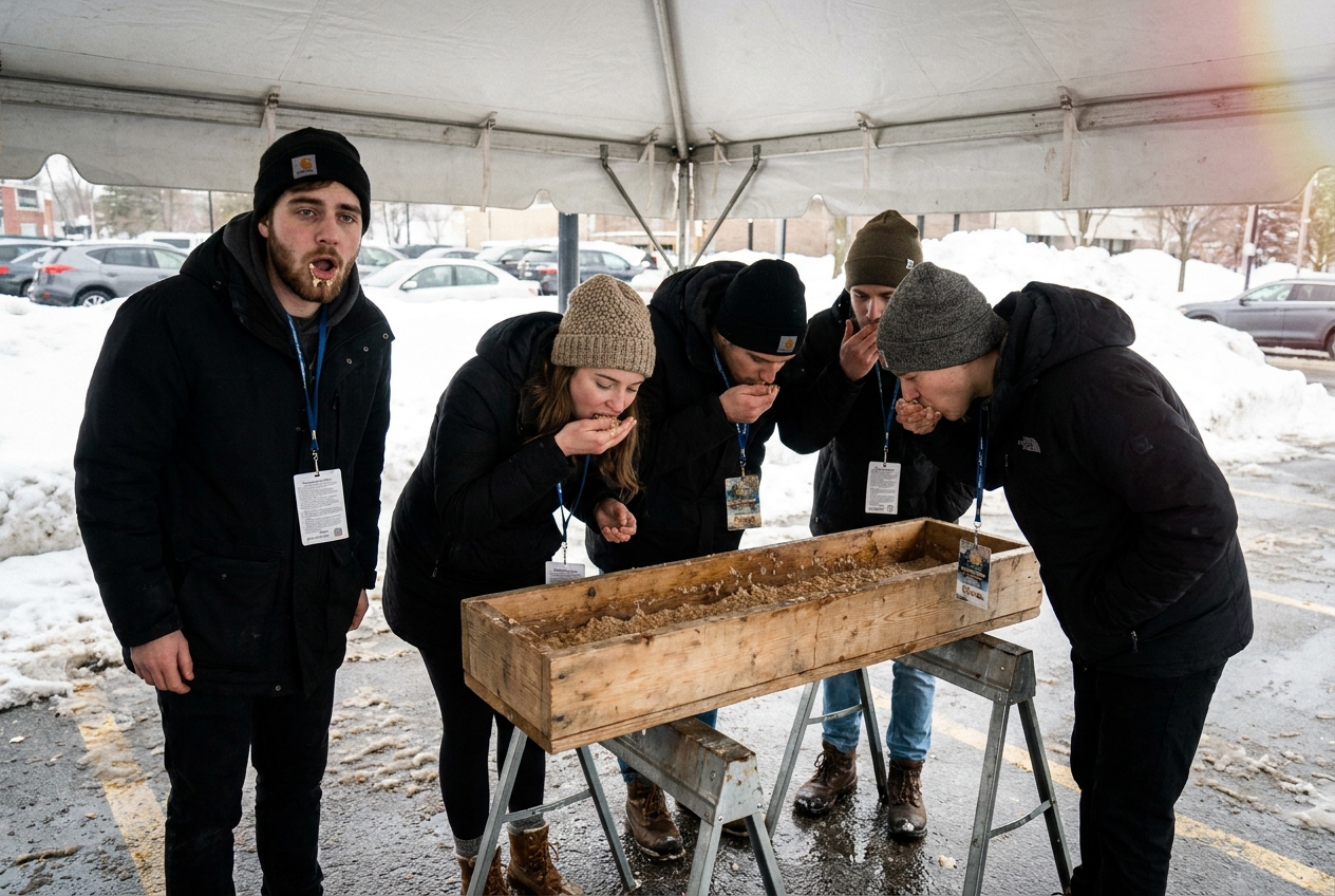 Five young adults in winter coats eat a wet oatmeal mixture directly from a long wooden trough under an outdoor catering tent.