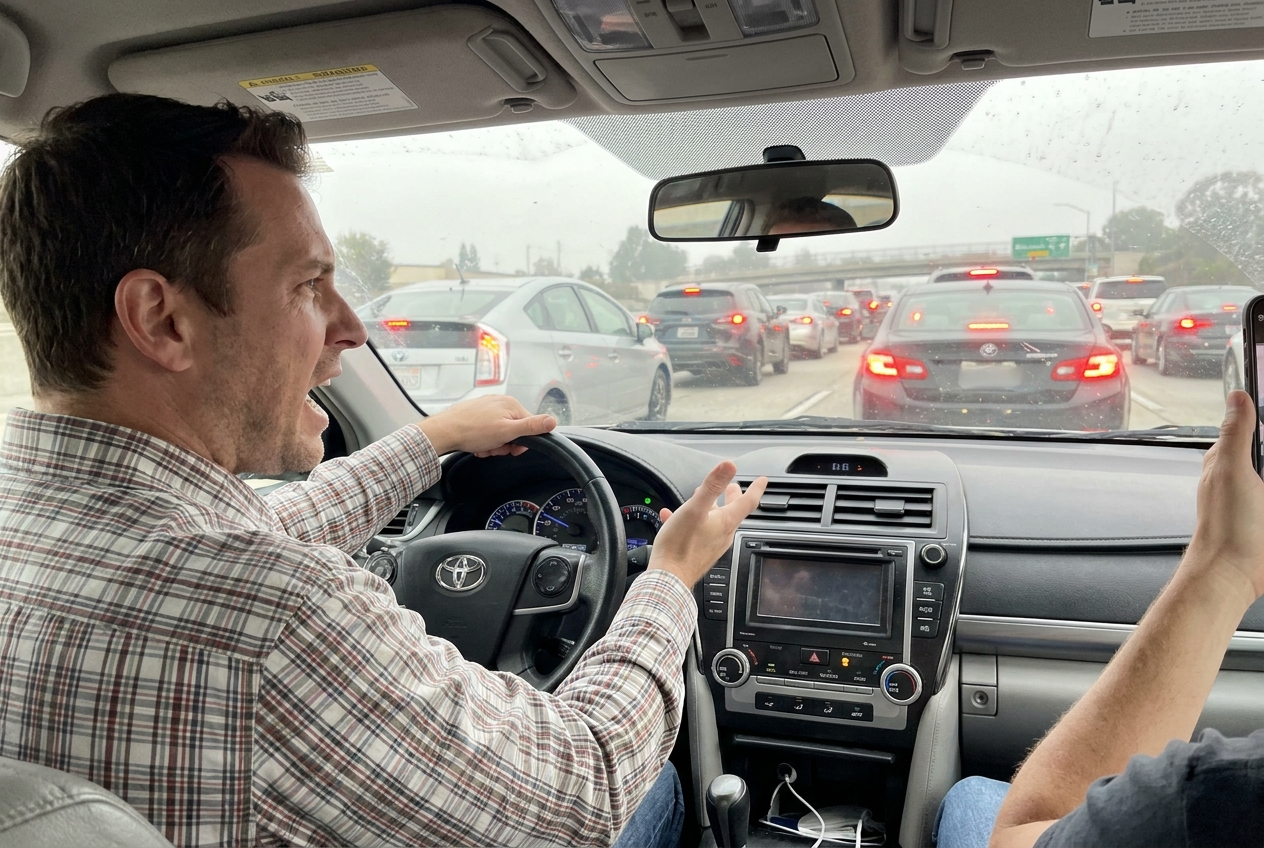 A frustrated man gestures from the driver's seat of his car while stuck in heavy daytime freeway traffic.