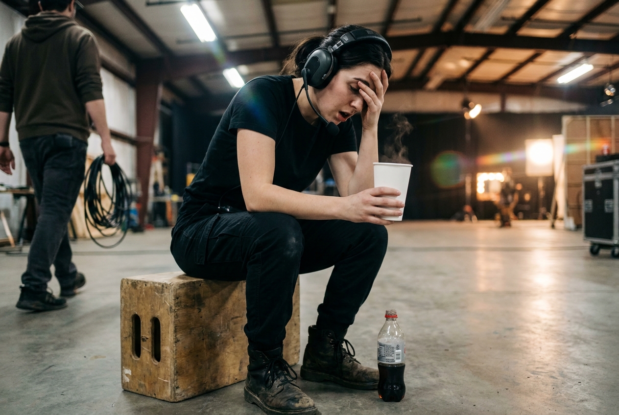A production assistant in black clothing slumps on a wooden box, clutching her forehead and staring in despair at a steaming cup of hot coffee.